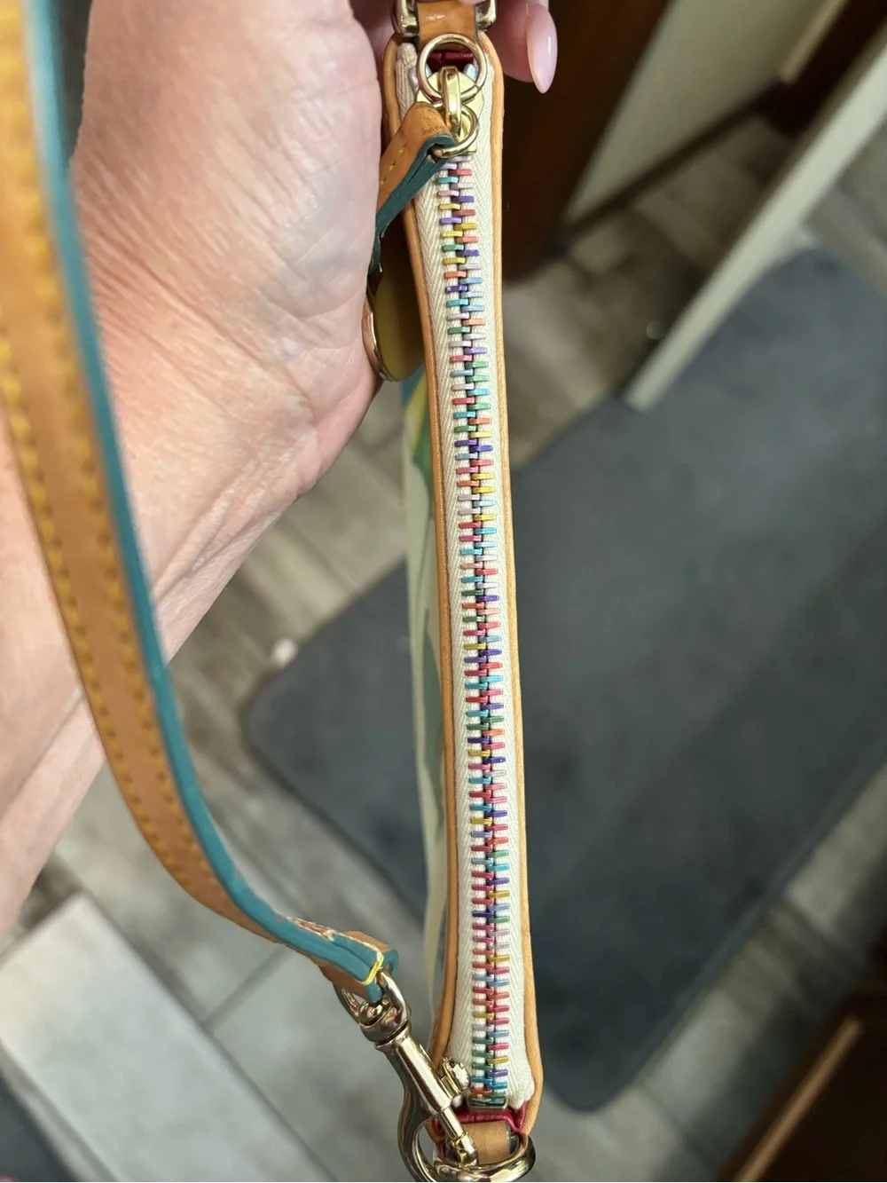 Dooney & Bourke Vintage Cream Beach Print Wristlet with Tan Trim